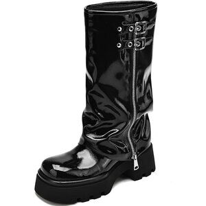 Women's Black Patent Leather Chunky Fold Over Fashion Buckle Knee High Boots